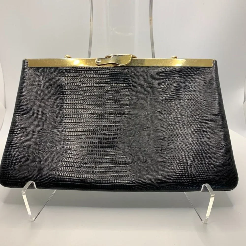 Vintage Etra Black and Brass Chain Croc Embossed Leather Purse